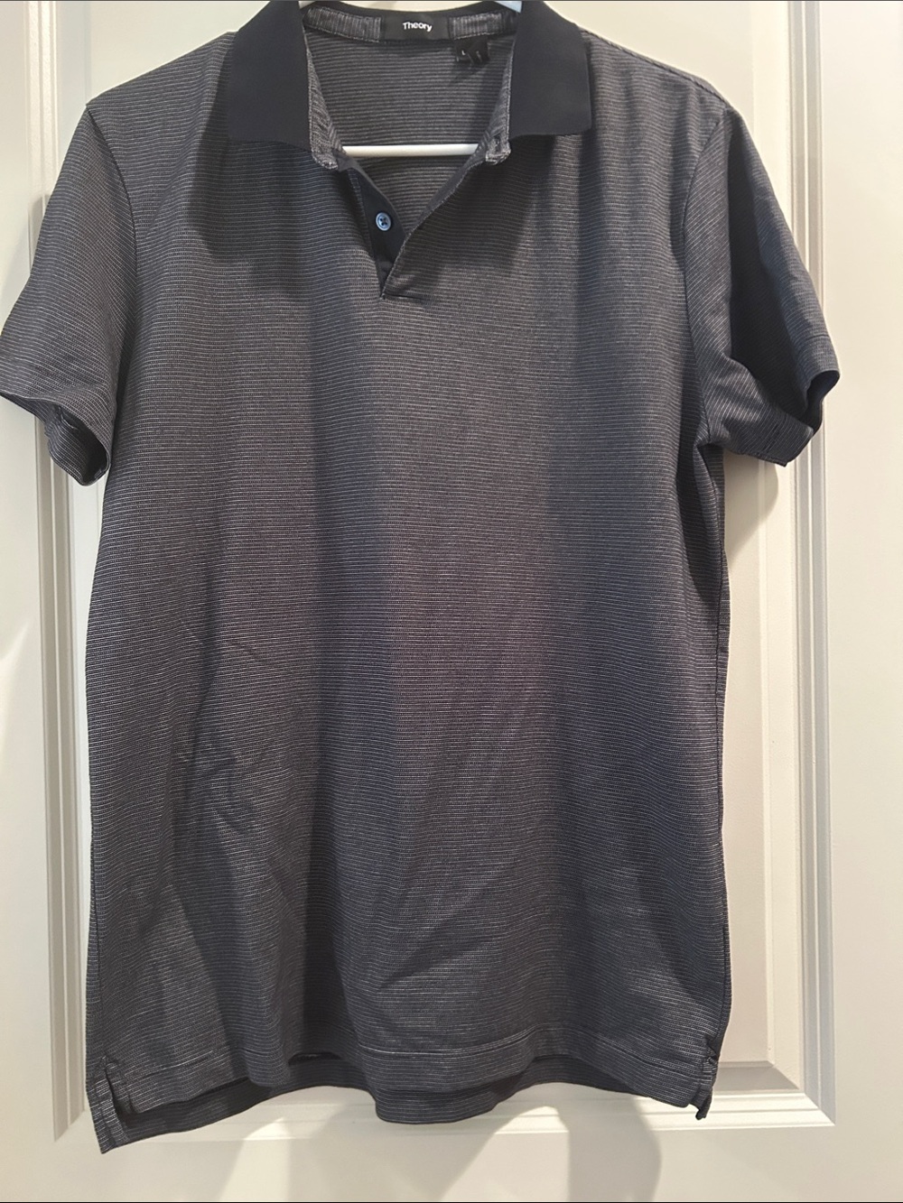 Theory Men's Micro-Stripe 2 button Polo Shirt Short Sleeves size M Black & Gray